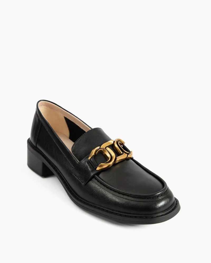 Metal Decoration Slip On Flat Leather Mid Heel Loafers